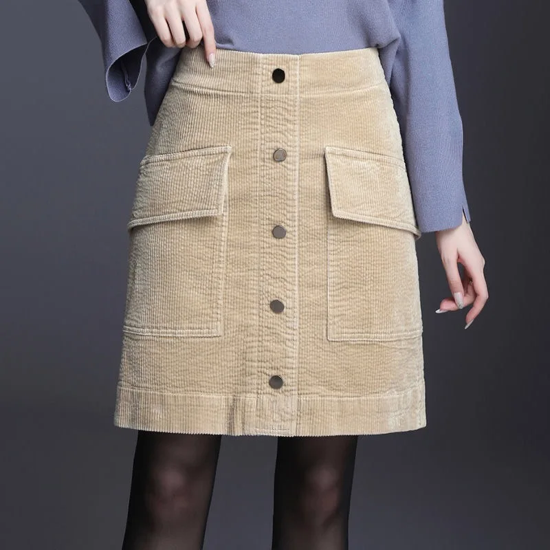 Женская Вельветовая юбка с высокой талией и карманами синяя черная бежевая