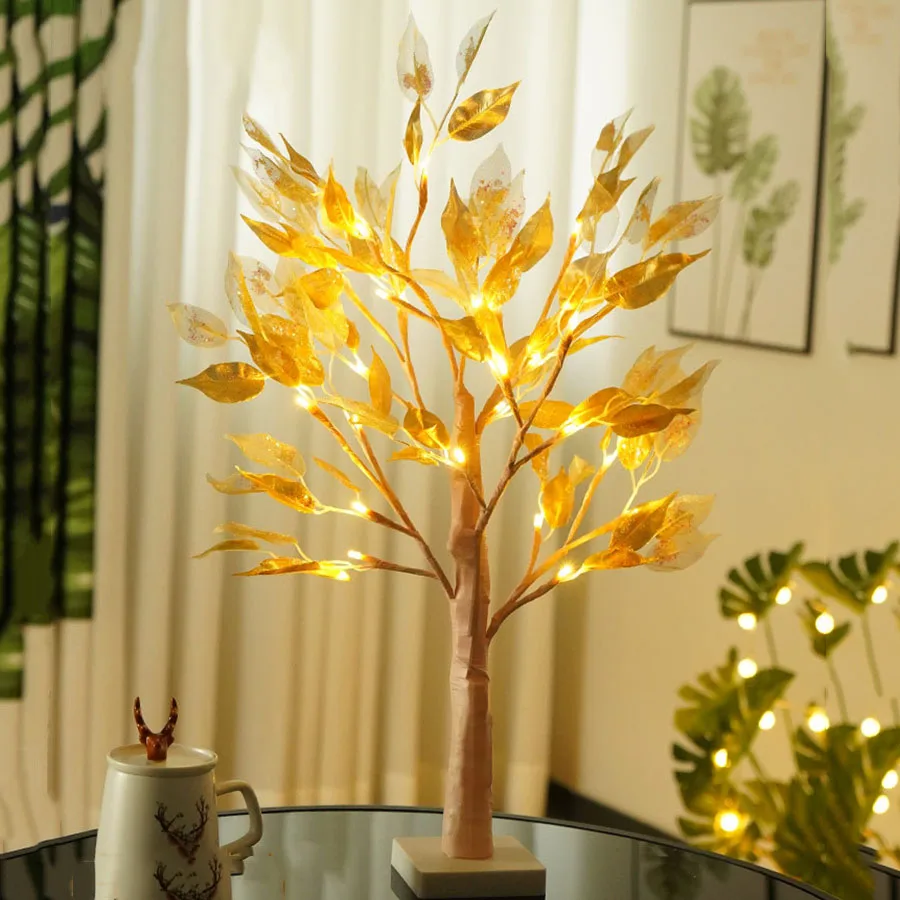 

60CM Tabletop Bonsai Tree Light DIY Artificial Golden Leaves Tree Lights Home Decoration Fairy Lights Tree Lamp Battery Powered