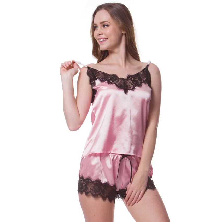 Pink Сексуальные летние пижамы, одежда для сна для женщин, без рукавов, на бретельках, одежда для сна, кружевная отделка, Атласный топ на бретельках, шорты, пижамные комплекты - Цвет: Pink