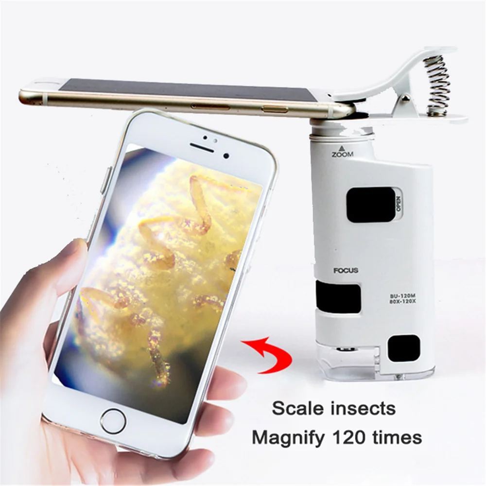 Ручной Карманный микроскоп 80x 120x для смартфона со светодиодсветильник кой
