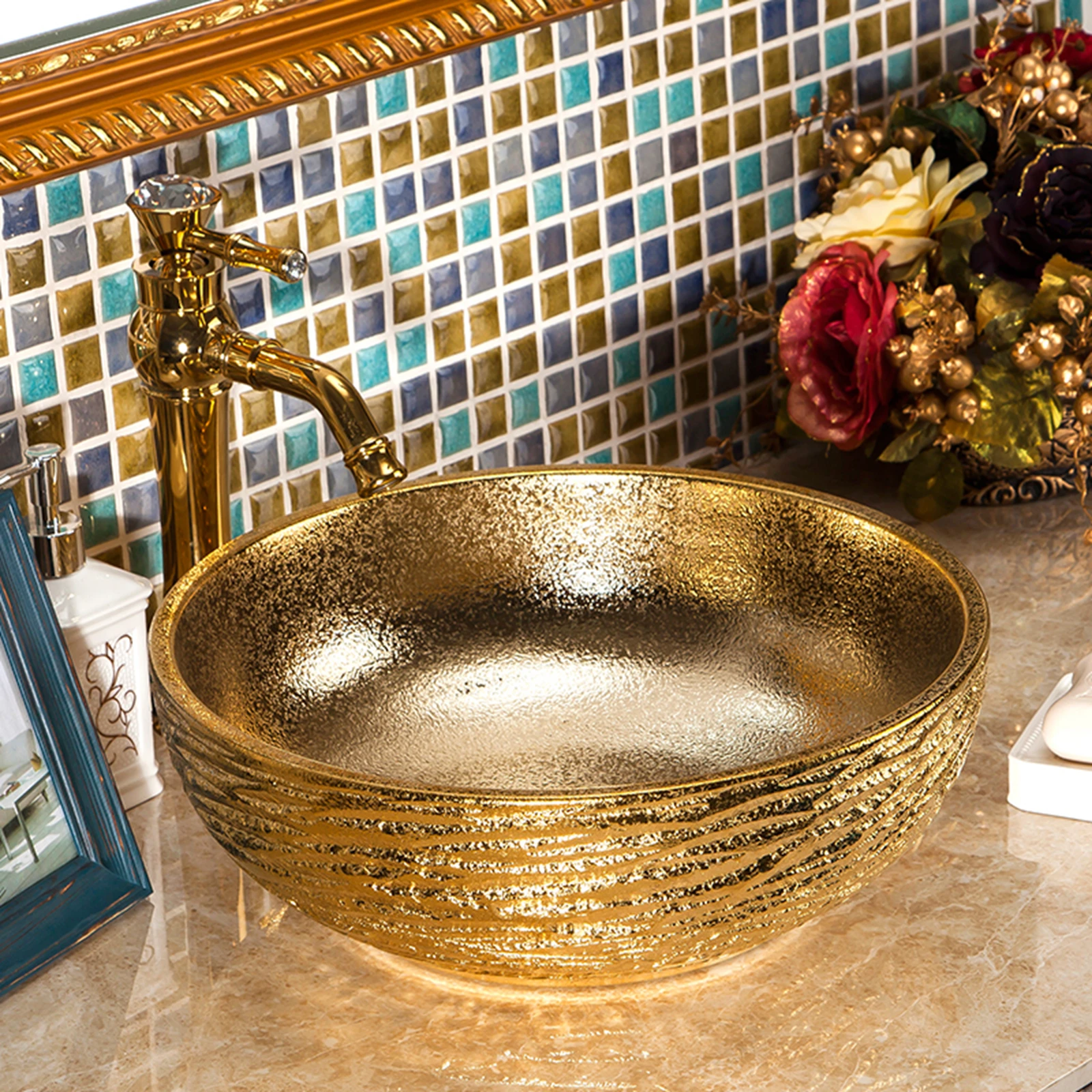 

Free Shipping Luxury Hand Made Ceramic Gold Glazed Porcelain Art Bathroom Wash Basin Bowl Vessel Sink