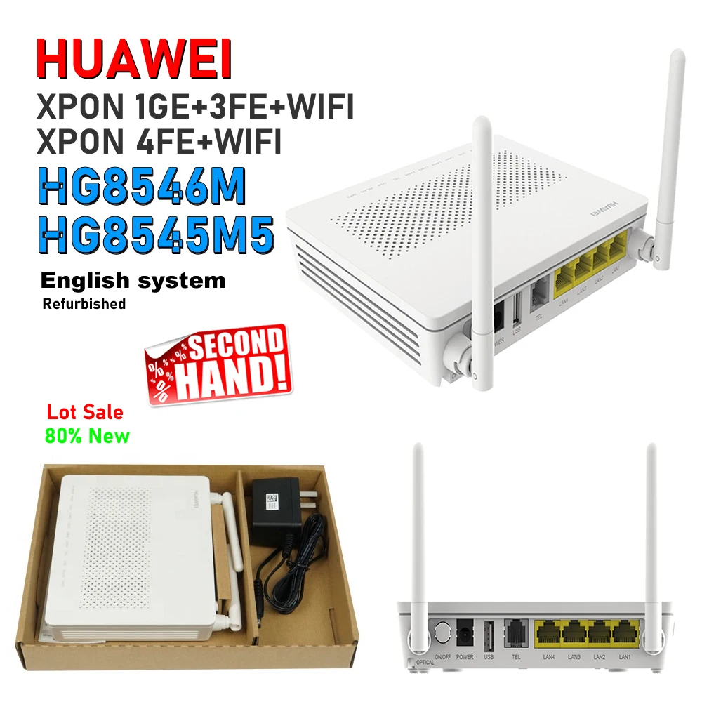 5 шт. 10 шт./лот Восстановленное Huawei HG8546M HG8545M5 XPON 4FE 1GE + 3FE WIFI oNU терминал английской