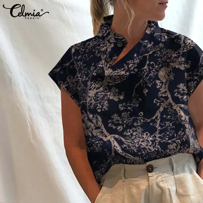 

Summer Cotton Short Sleeve Blouses Celmia Women Vintage Floral Print Oblique Buttons Tops Casual Turtleneck Blusas Mujer Shirts