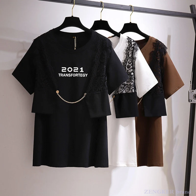 Oversized foreign style fake two-piece tops lace stitching letters short-sleeved t-shirt summer new style plus size 6xl 5xl 4xl