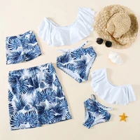 blue leaf family matching swimsuit clothes summer beach holiday mommy and me swimsuit dad and son swimwear shorts