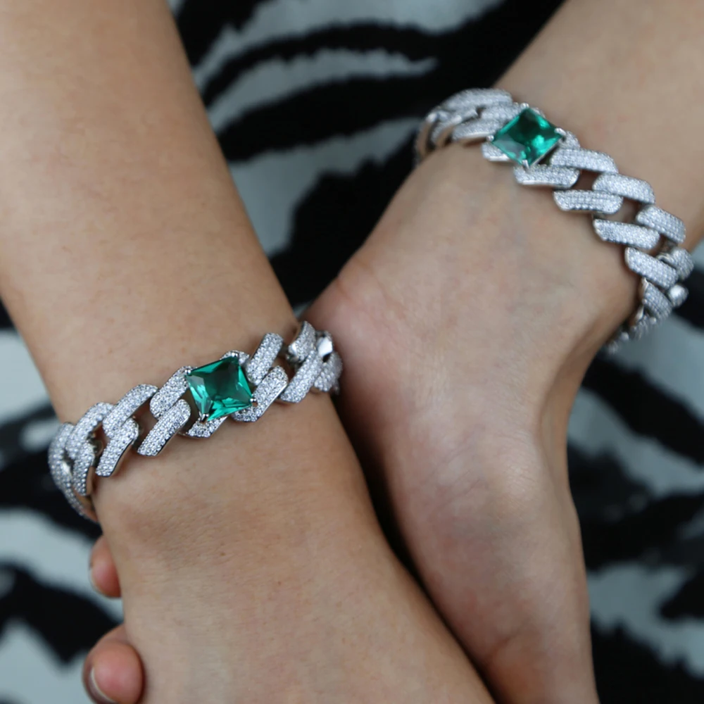 

Silver Color Cuban Chain Big Green Bracelet For Women Iced Out Blin Link Chain Bracelet Trendy Luxury Women Jewelry