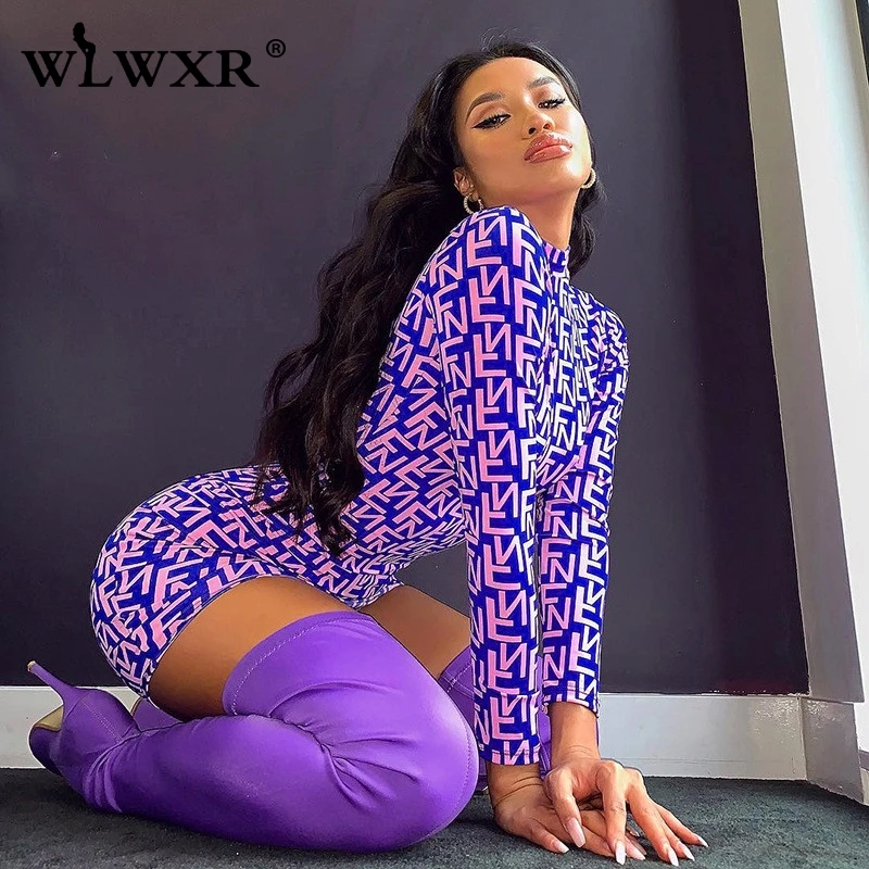 WLWXR принт с буквами сексуальный облегающее платье для женщин длинный рукав облегающее мини-платье осенние женские вечерние платья