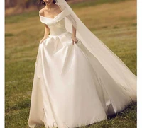 white off shoulder satin wedding dress for bride long 2020 corset back a line formal bridal ball gowns vs62