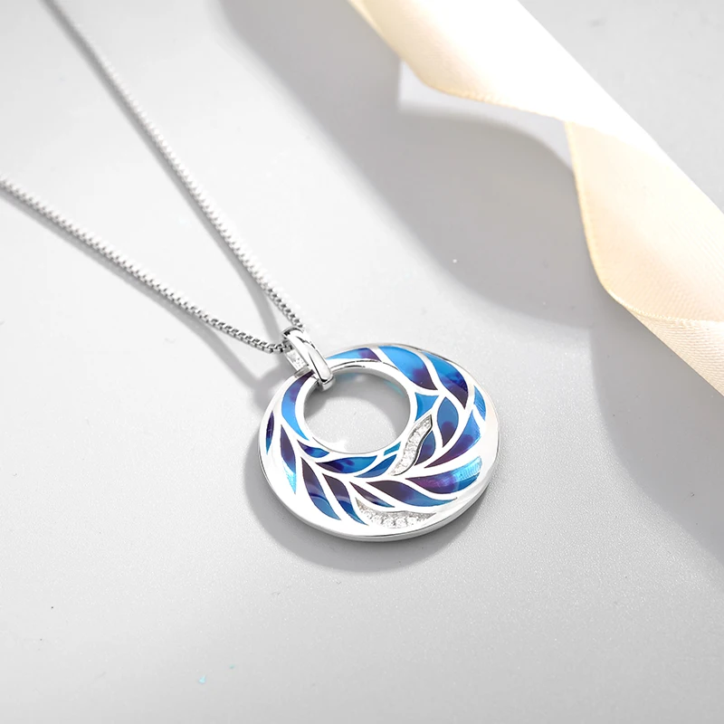 Модное круглое ожерелье из серебра 925 пробы с эмалью как лист морской синий цвет