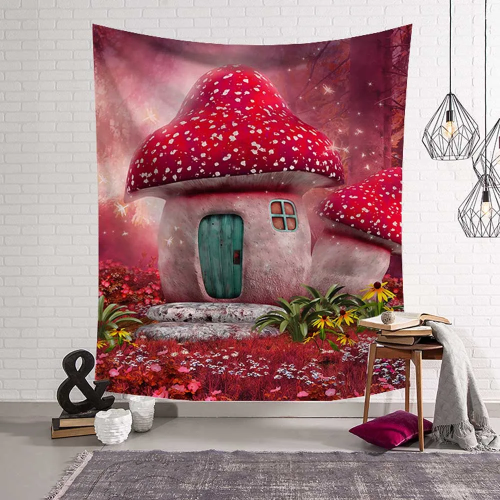Fairy Tale World Forest Tapestry Wall Hanging Aesthetic Mushroom Cute Home Background Cloth Yoga Mat Bedroom Mural Decoration | Дом и сад