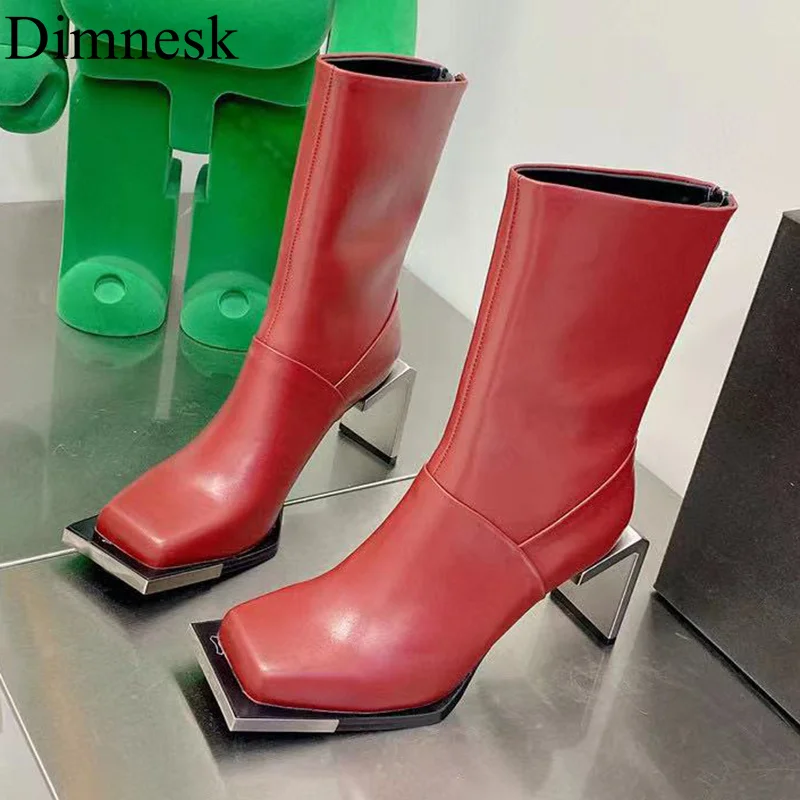 

Runway Metal Strange Style High Heels Chelsea Boots Women Square Toe Real Leather Back Zipper Ankle Botas Ladies Autumn Shoes