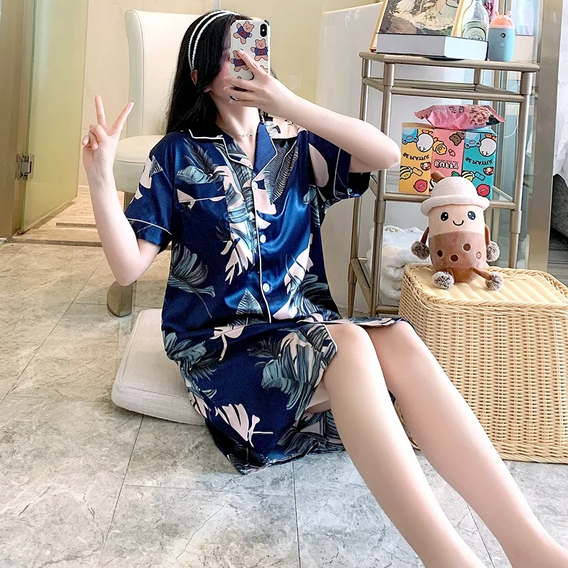 

Ночная рубашка атласная с принтом, Повседневная Пижама с карманами, интимное нижнее белье, ночная сорочка с цветочным принтом, мягкая Домаш...