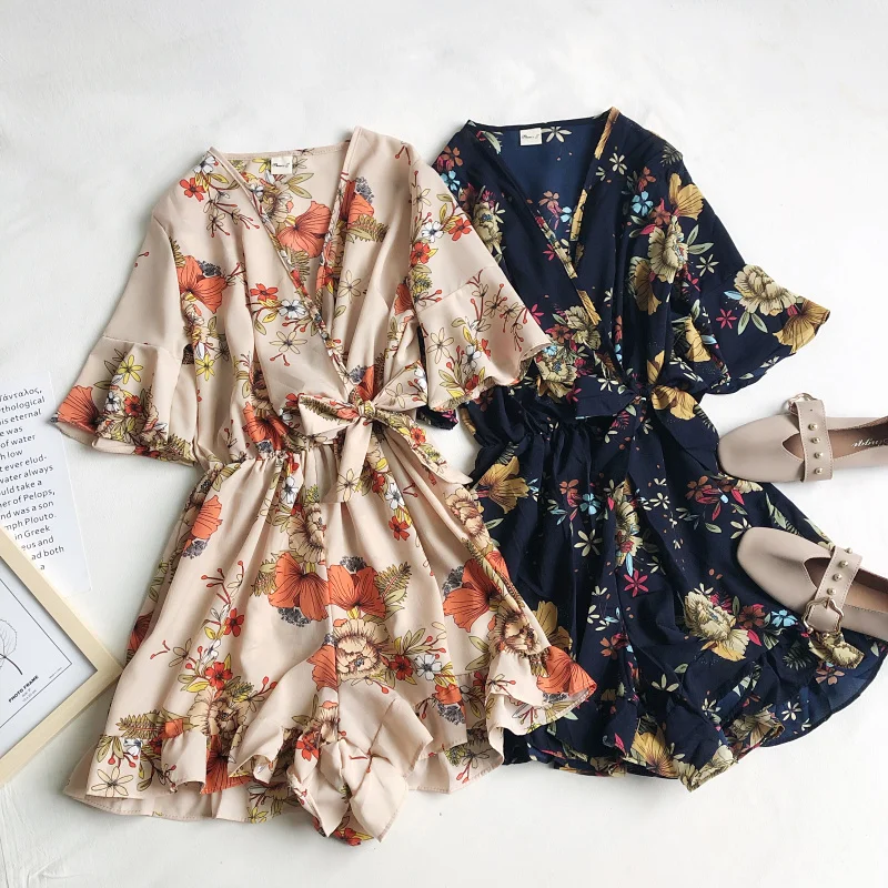 

Комбинезон женский с принтом диких цветов и листьев, v-образный вырез, пояс с оборками, широкие брюки, лето 2020