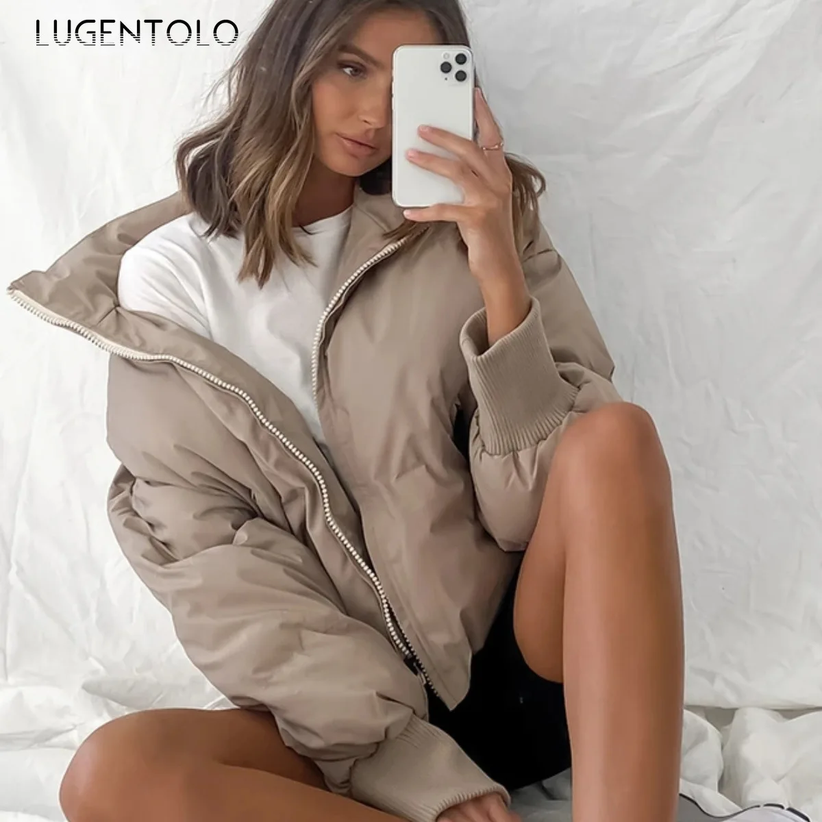 

Lugentolo Women Parka Autumn Winter Warm Coat New Zipper Long-sleeved Coats Solid Color Jackets Casual Lady Short Parkas