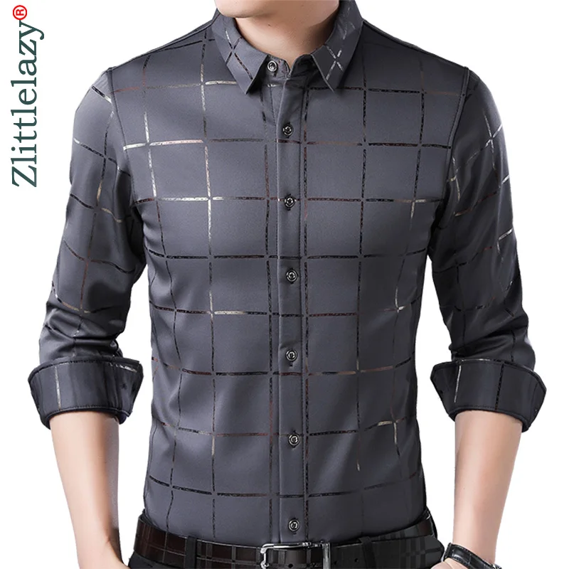 

2021 Brand Casual Spring Luxury Plaid Long Sleeve Slim Fit Men Shirt Streetwear Social Dress Shirts Mens Fashions Jersey 2309