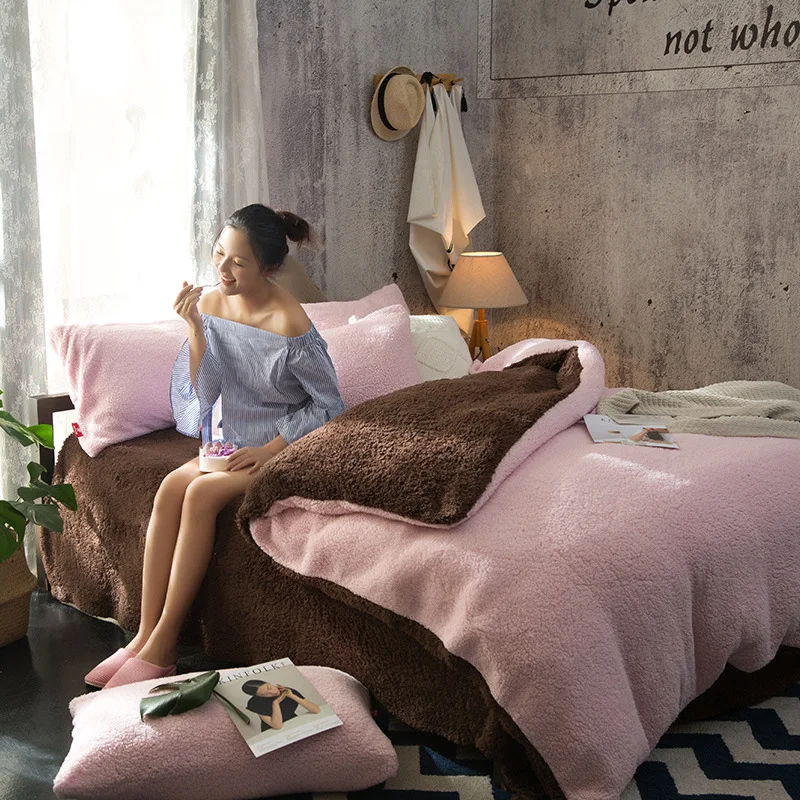 AB side Lamb Cashmere fleece bedding set 2019 New thicken duvet cover Velvet bedcloth green bed flat sheet pillowcase | Дом и сад