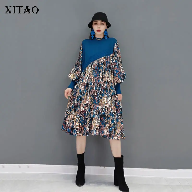 

XITAO асимметричное вязаное платье в стиле пэчворк, модное винтажное плиссированное платье с рукавами-фонариками для женщин, Осень-зима 2021, но...