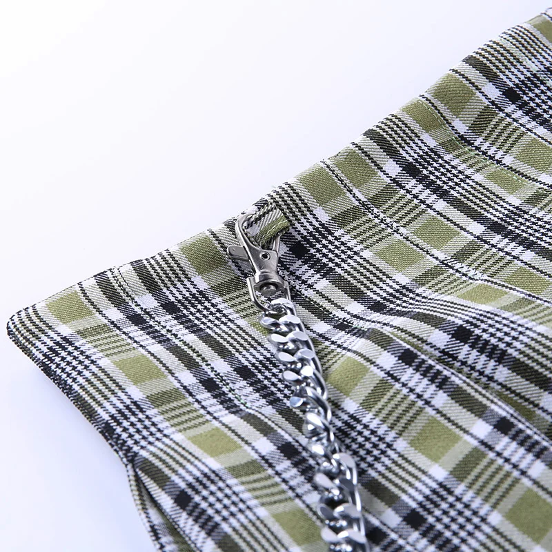 

Korean High Waist Plaid Skirt Women Gothic Patchwork With Buckle Chain Streetwear Sexy Preppy Style Mini Pleated Skirt 2020 New