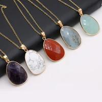 natural stone faceted gilt rim necklace natural agates stone pendant necklace for women jewerly best gift 23x34mm