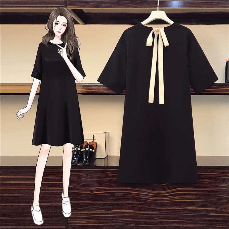 

4XL Plus Size Women Black Tshirt Dress Summer 2021 Back with Cute Bow-knot Lacing Short Sleeve Loose Casual Korean Dresses