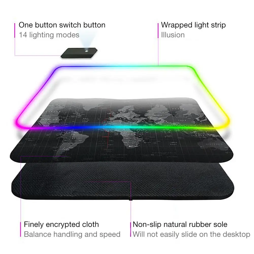 Игровой коврик для мыши светодиодный освещение карта мира RGB светодиодный мышь с подсветкой коврик для ПК ноутбука настольная доска для ключей коврик для мыши Компьютерная площадка