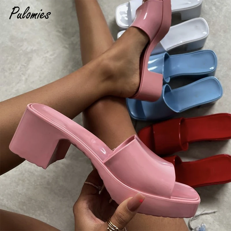 

Brand Women Modern Slippers PVC Heels Shoes Famous Design Mules Sandals Sexy Summer Party Dress Slip On Shoes Slides For Lady