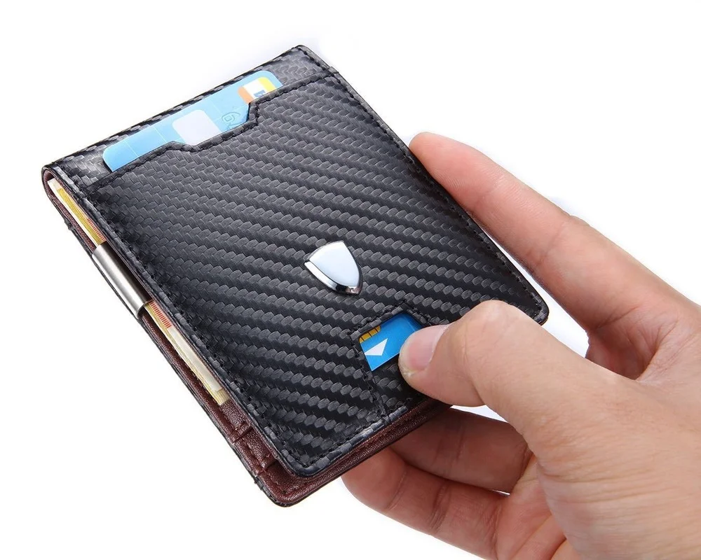 Popular New RFID Card Holder Wallet Anti-theft Brush Carbon Cash Wallet Gold Clip Mens Card Change Wallet