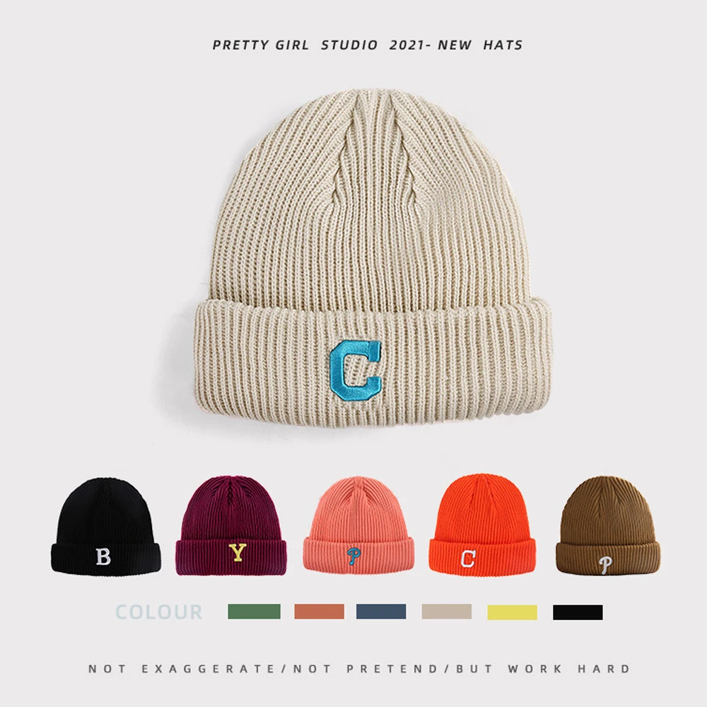 

Wool Hat Women's Winter Hat 2021 Warm Embroidered Adjustable Bonnets Outdoor Riding Windproof Knitted Hat Skullies Bonnet