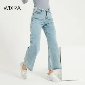 Джинсы Wixra женские с завышенной талией, винтажные прямые джинсовые брюки с широкими штанинами, Повседневная Уличная одежда, голубые
