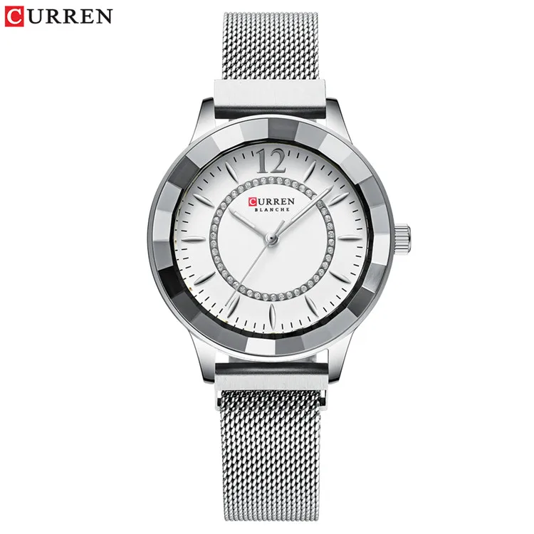 CURREN, новинка, стразы, модные, кварцевые, сетчатые, стальные часы для женщин, повседневные, синие, женские часы, bayan kol saati, стильные, роскошные часы - Цвет: silver