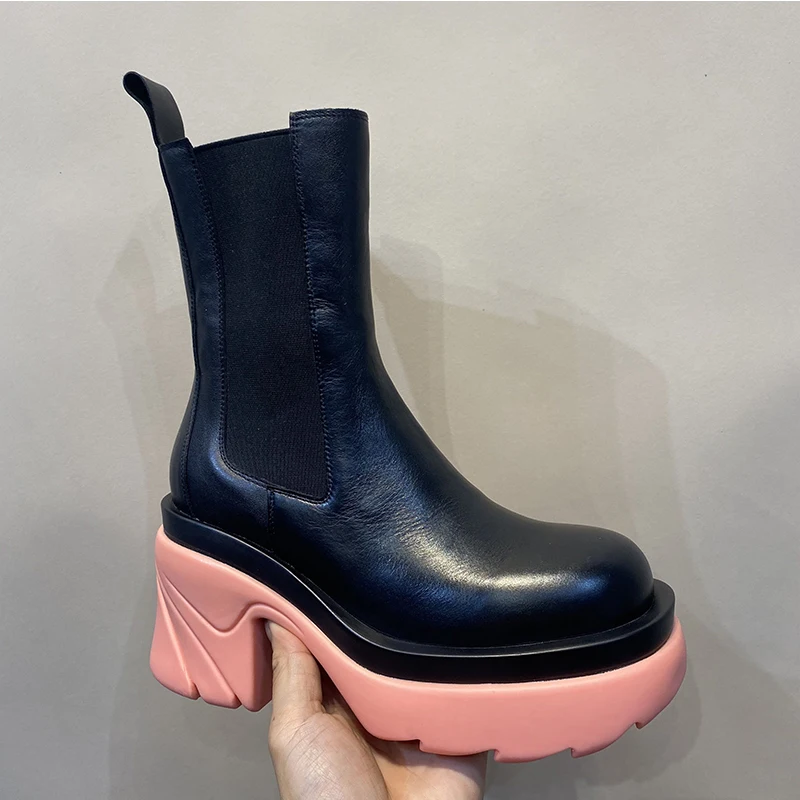 

INS hot Women ankle boots natural Leather 22-24.5cm Cowhide upper Chelsea boots Autumn high heel platform shoes 4 color