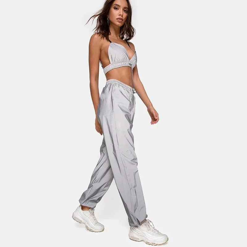 Женский сексуальный светоотражающий серебристый спортивный костюм ночная