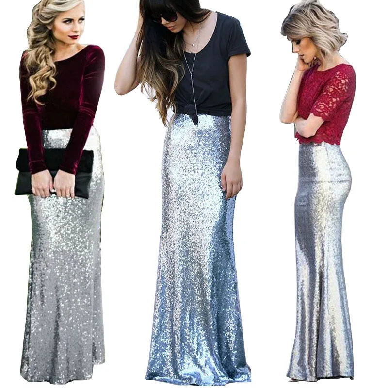 

Sequins Silver Half-length Skirt Fishtail One-step Skirt Faldas Largas De Fiesta Womens Clothing Long Punk Rock Sexy B086