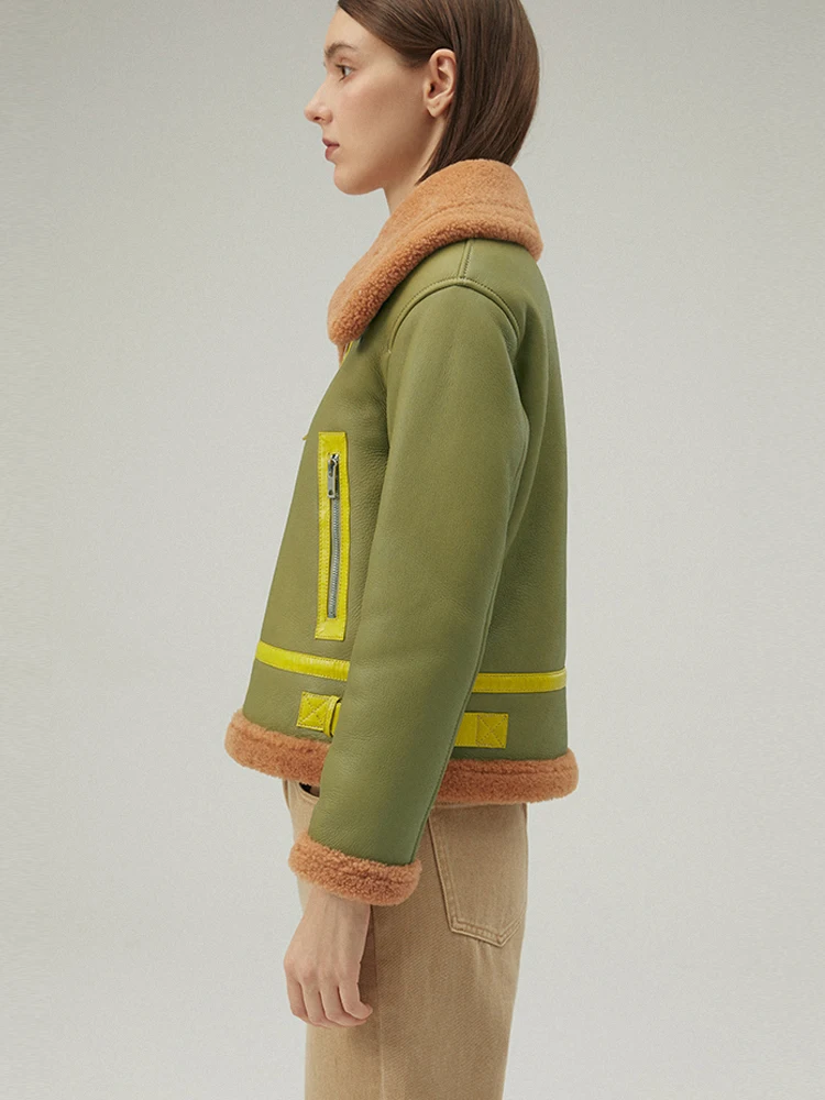 New Womens Shearling Jacket Natural Fur Coat Green Leather Jacket Warmest Winter Coats Short Sheepskin Coat