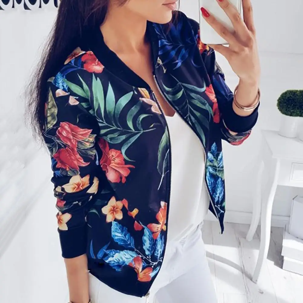 

Casual Womens Ladies Retro Floral Zipper Up Bomber Jacket Coat Long Sleeve Outwear White Navy Blue