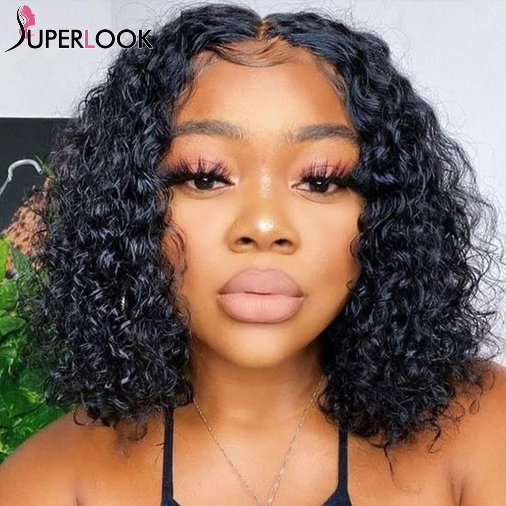 

Curly Blunt Cut Short Bob Front Lace Peruvian Water Wave Human Hair Wigs T Part Transparent Lace 4x4 Closure Wig 150% Density