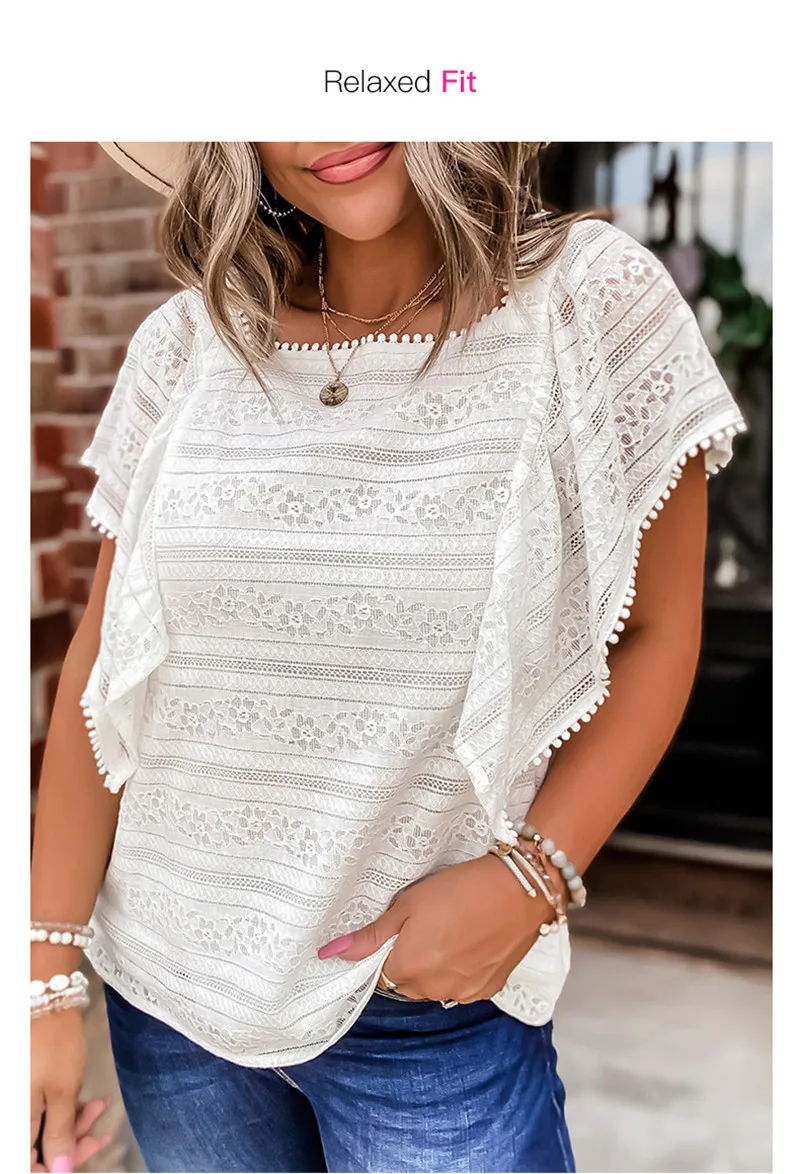 

New Design Women Lace Summer Clothes Fashion Ruffles Shirt Hollow Out Flowers Tops Casual Summer Tops 5 Size Drop Shipping