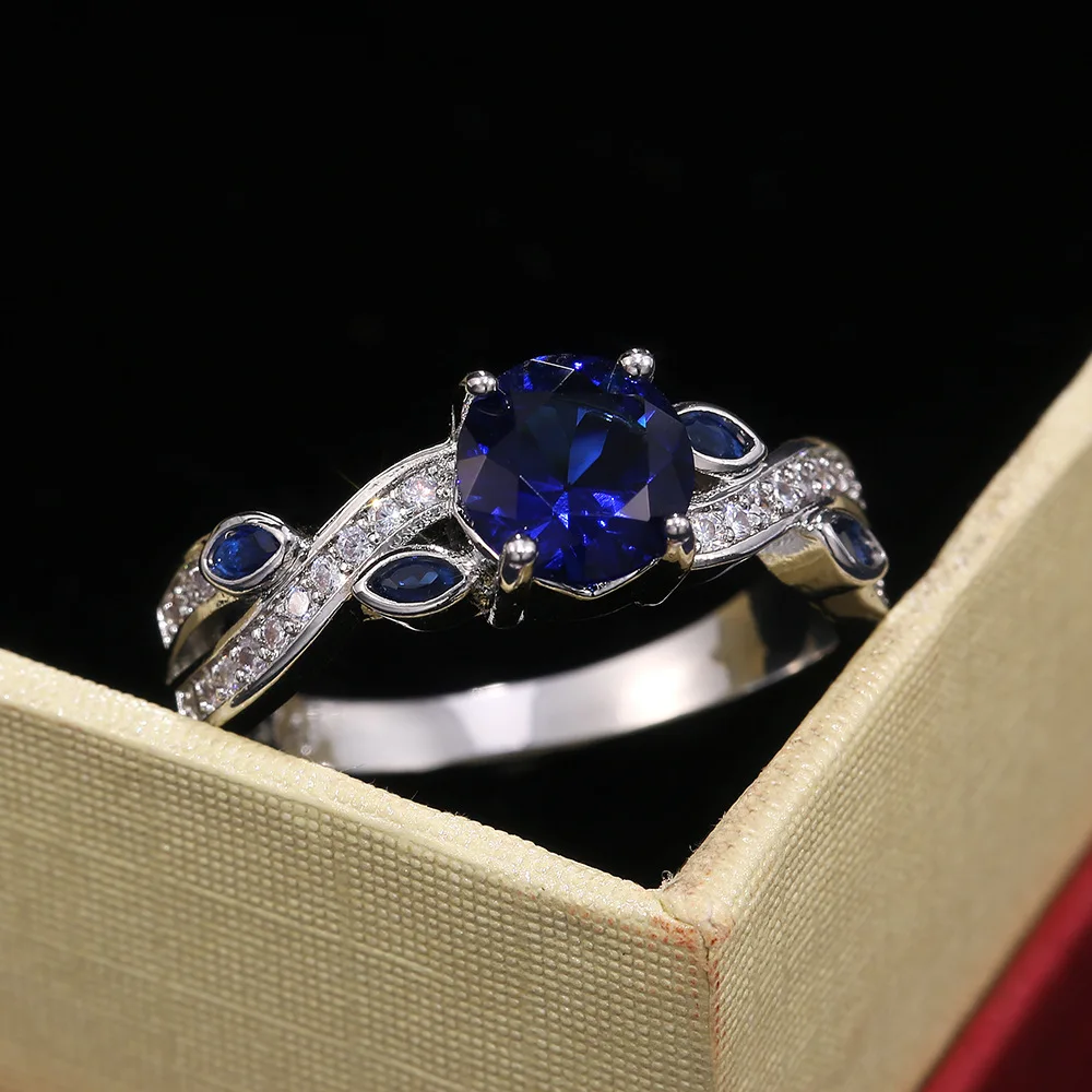 

Luxury Silver Color Round Cut Blue Gems Ring Women's Ring for Cocktail Party Eternal Crystal Ring Wedding Jewelry Lover's Gifts
