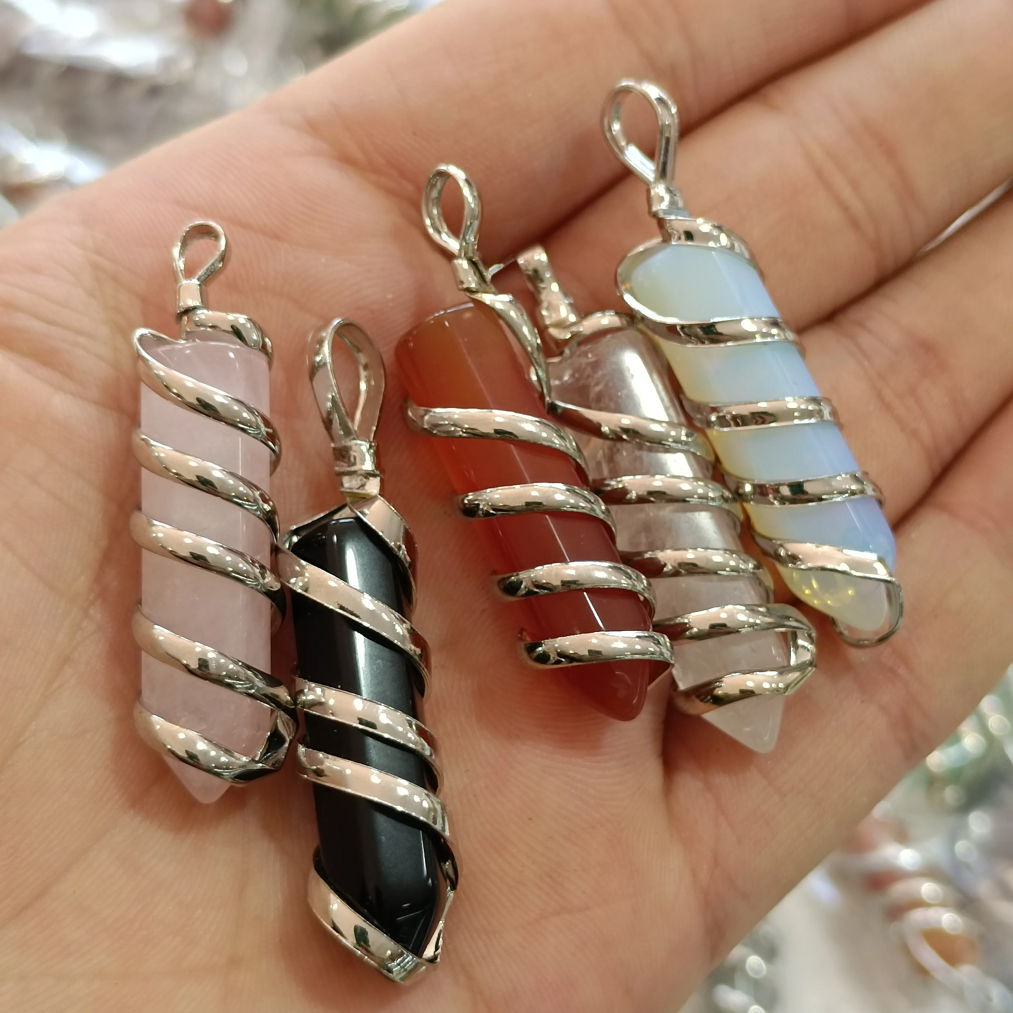 

1pc Natural Stone Quartz Tiger Eye Crystal agates Wire-wound Hexagonal Pendulum Pendant Chains Necklace Fashion charms Pendant