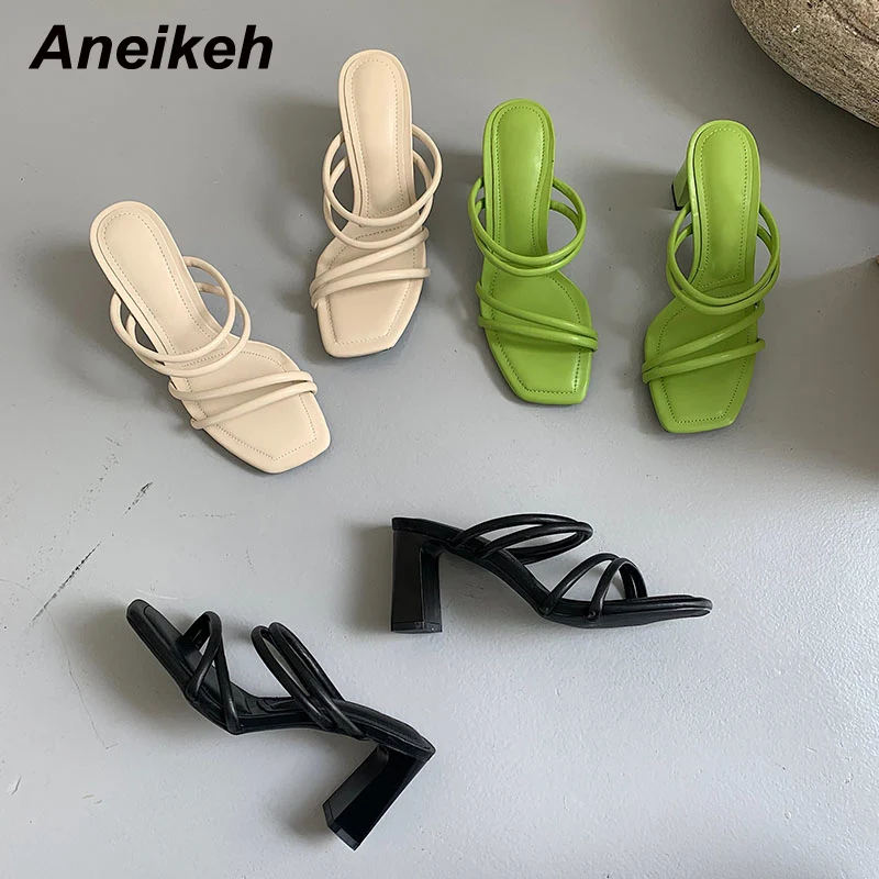 

Женские мюли без застежки Aneikeh, модные туфли из искусственной кожи с квадратным открытым носком и узким ремешком, на высоком каблуке, римски...