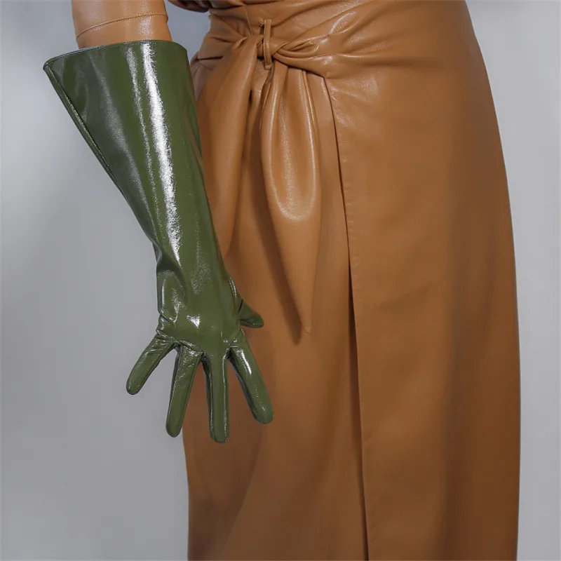 

Patent Leather Long Gloves 38cm Large Sleeve Princess Wide Cuff Simulation Leather Unisex Male Female Army Green WPU160