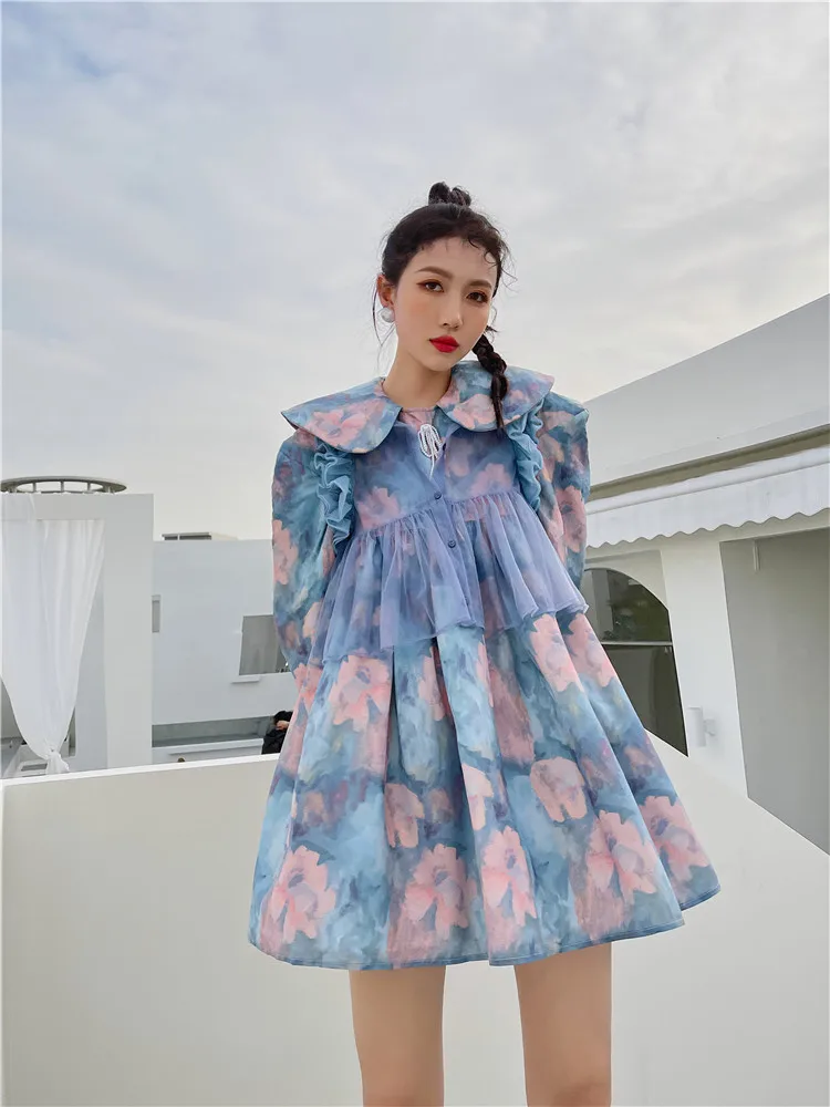 

Синий милые сетчатые платья для женщин в виде листка лотоса кружевные с цветочным принтом все-матч платья Женский романтическая одежда 2021 н...