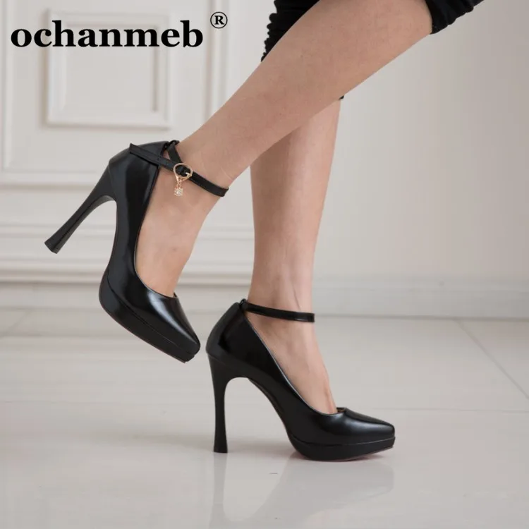 

Ochanmeb sexy extremely super high stiletto red heels shoes women ankle strap buckle large size 43 office party black pink shoes