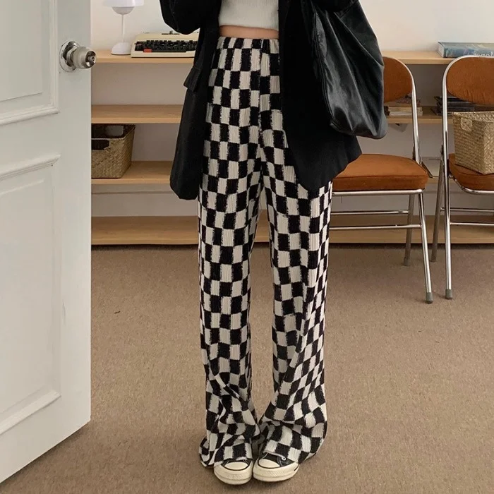 

Checkerboard Casual Pants Women's 2021 Autumn Korean Slim Straight Pants Design High Waist Plaid Wide Leg Pants Rac