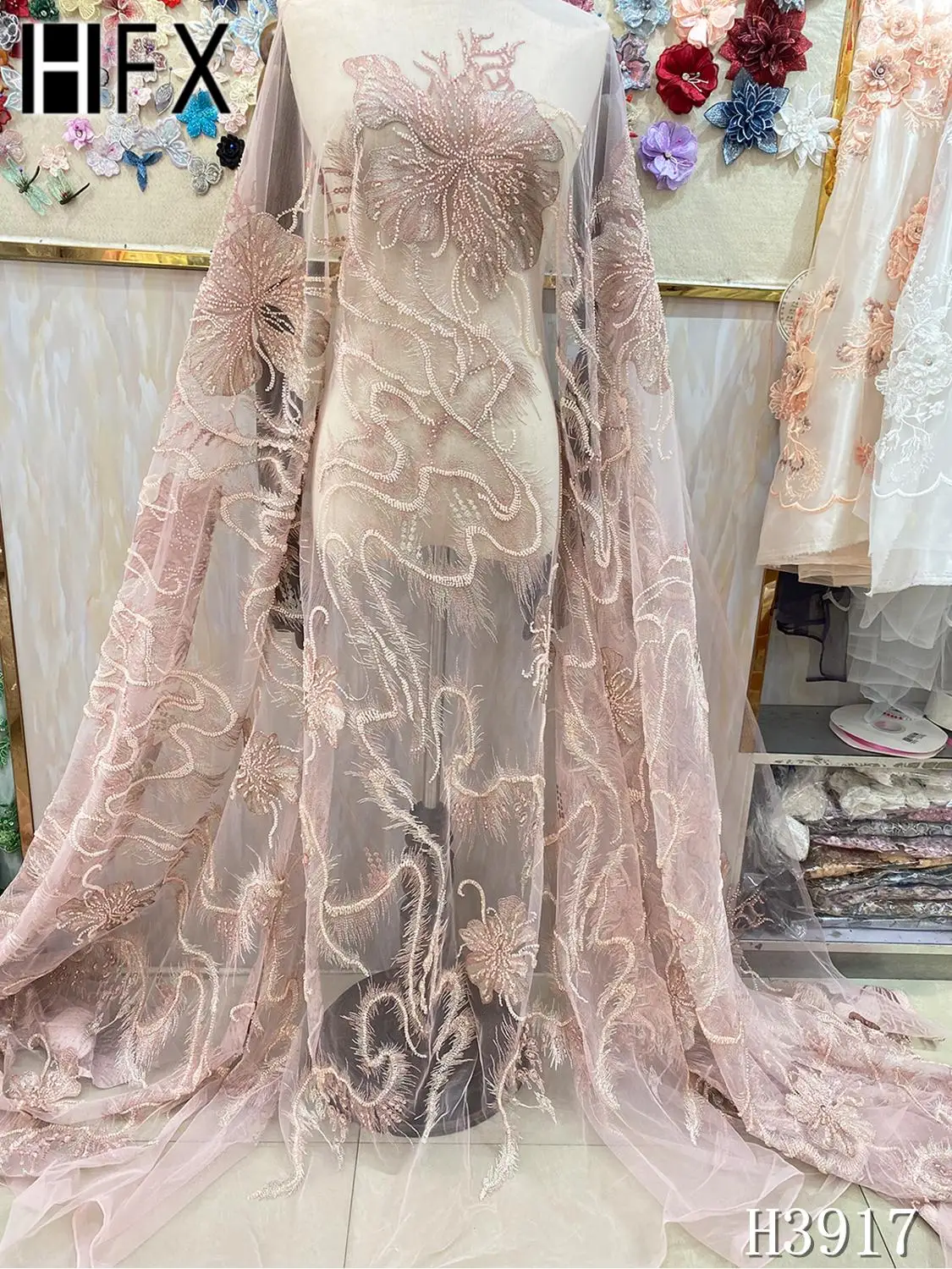 Ручной работы бисера Кружева Ткань Высокое качество Вышивка Тюль Королевский