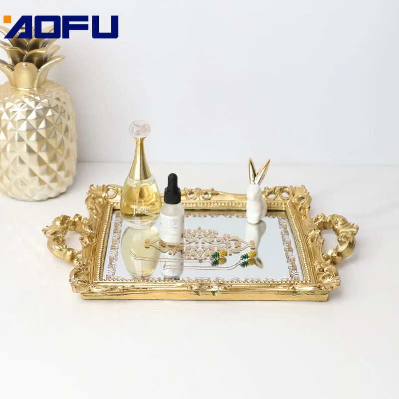 

Retro European Style Gold-Tone Printed Mirror Tray Pastry Fruit Bowl Cosmetics Storage Jewelry Tray Rectangular Decoration