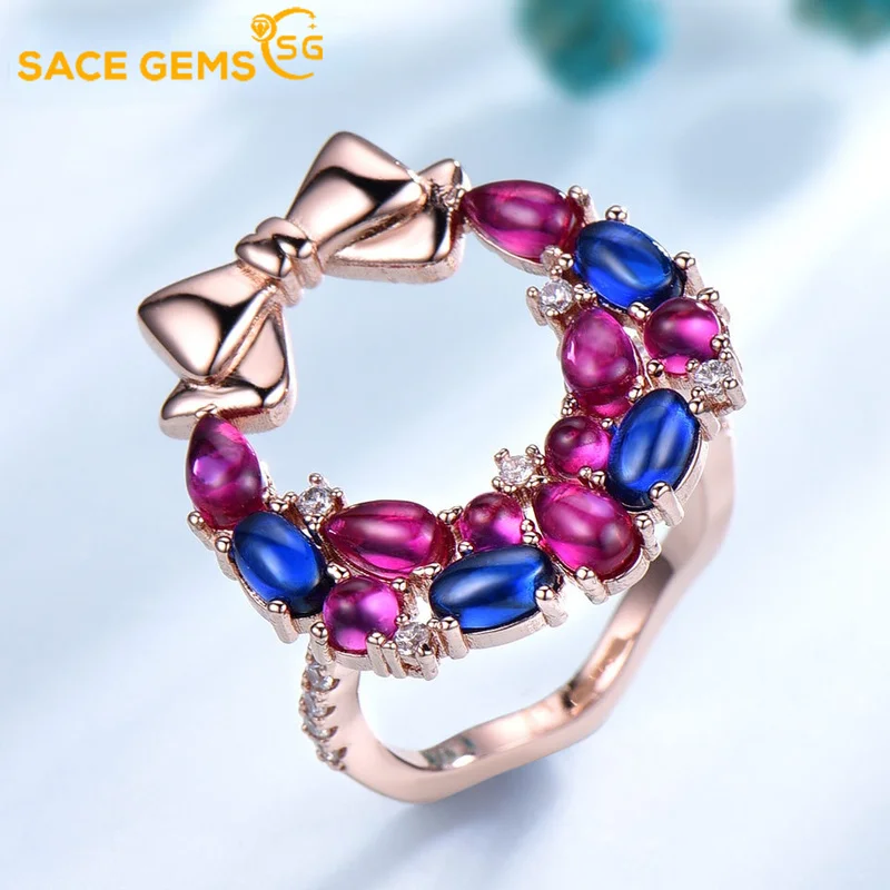 SACE GEMS Luxury 100% S925 Sterling Silver Ring Female Inlaid Ruby Sapphire Fashion Round Wreath Wedding Ring Boutique Jewelry