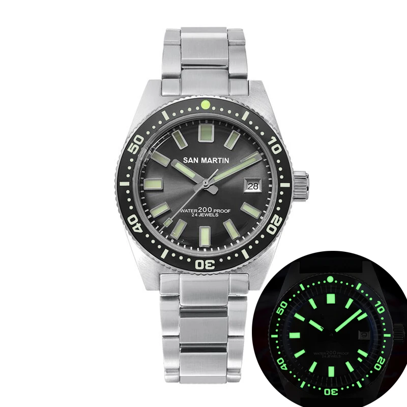 sapphire full lume 1 San Martin, новинка, 62MAS, автоматические часы, 200 м, водостойкий стальной ремешок, керамический ободок, модные мужские наручные часы из нержавеющей стали - Цвет: sapphire full lume 1