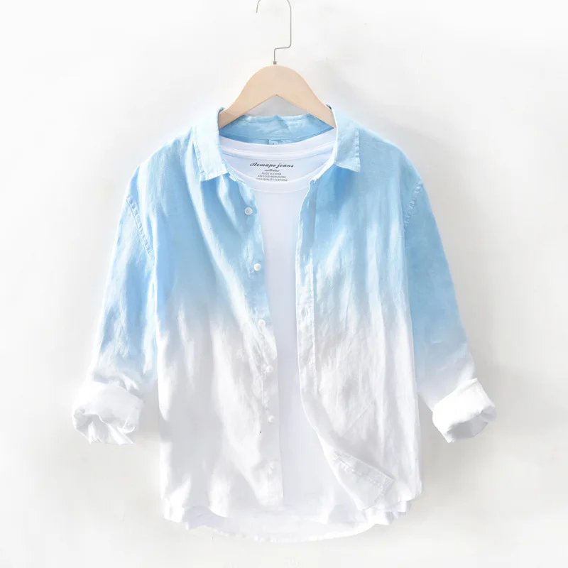 

New Lapel fresh gradient men's casual linen long sleeve shirt handsome men's shirt 734