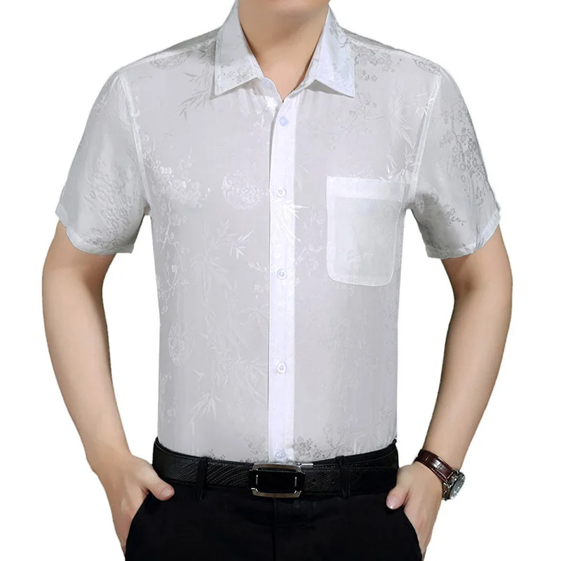 

Summer silk shirt men's short sleeve loose dad's 100% silk shirt men's middle-aged and elderly silk shirt